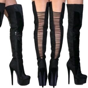 LONDON TRASH Cougar Black Leather Fur Over The Knee High Heel Boots Size 8.5